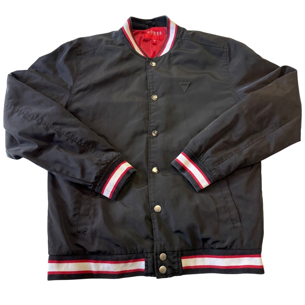 Guess Mens Black Bomber Jacket Varsity Style Red Lining Size M